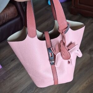Pink Pebbled Leather Tote Bag with Pony Charm